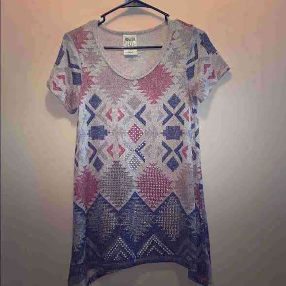 Cato Geometric Pattern Short Sleeve Tee - Blue and Pink - Picture 1 of 2